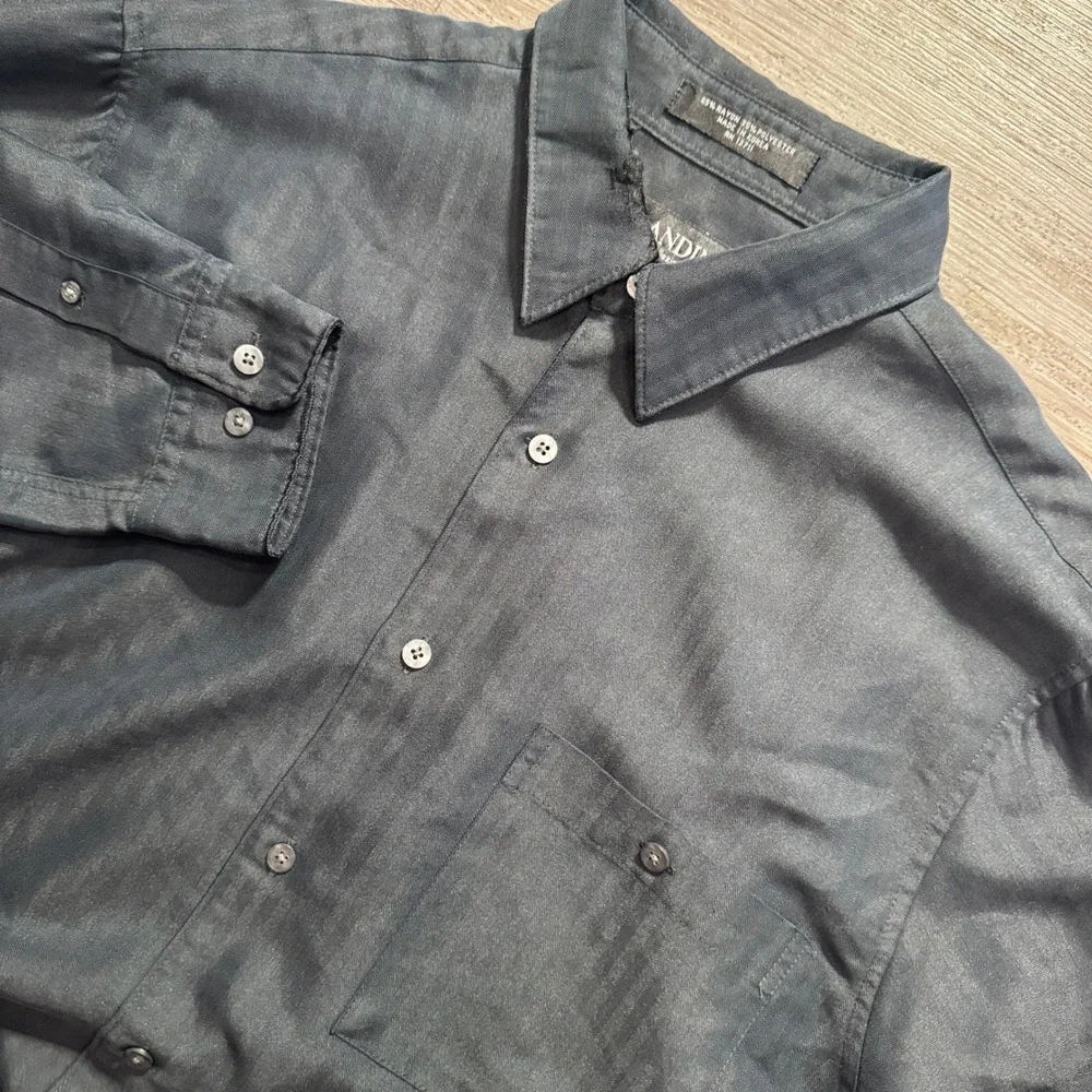 Vintage Brandini Shirt Mens M Gray Herringbone Rayon Dress Casual Old Money